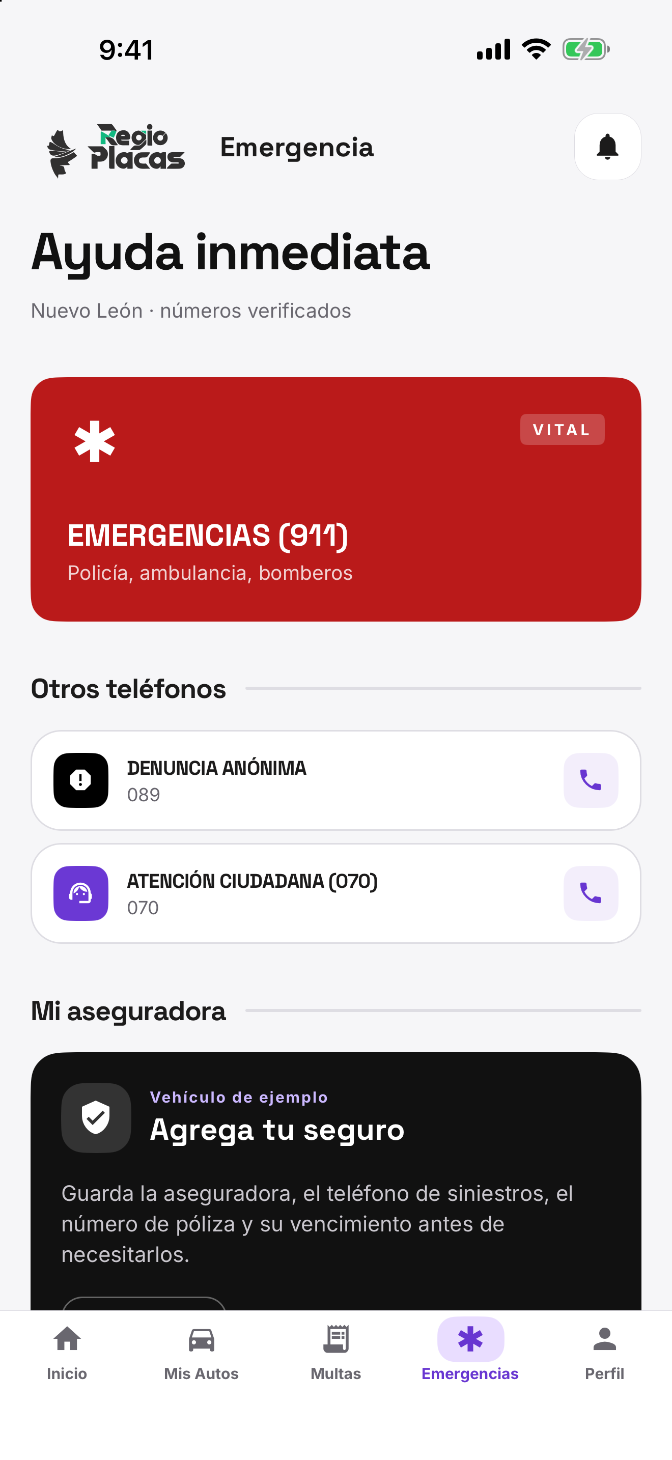 Pantalla real de emergencia con teléfonos verificados de Nuevo León