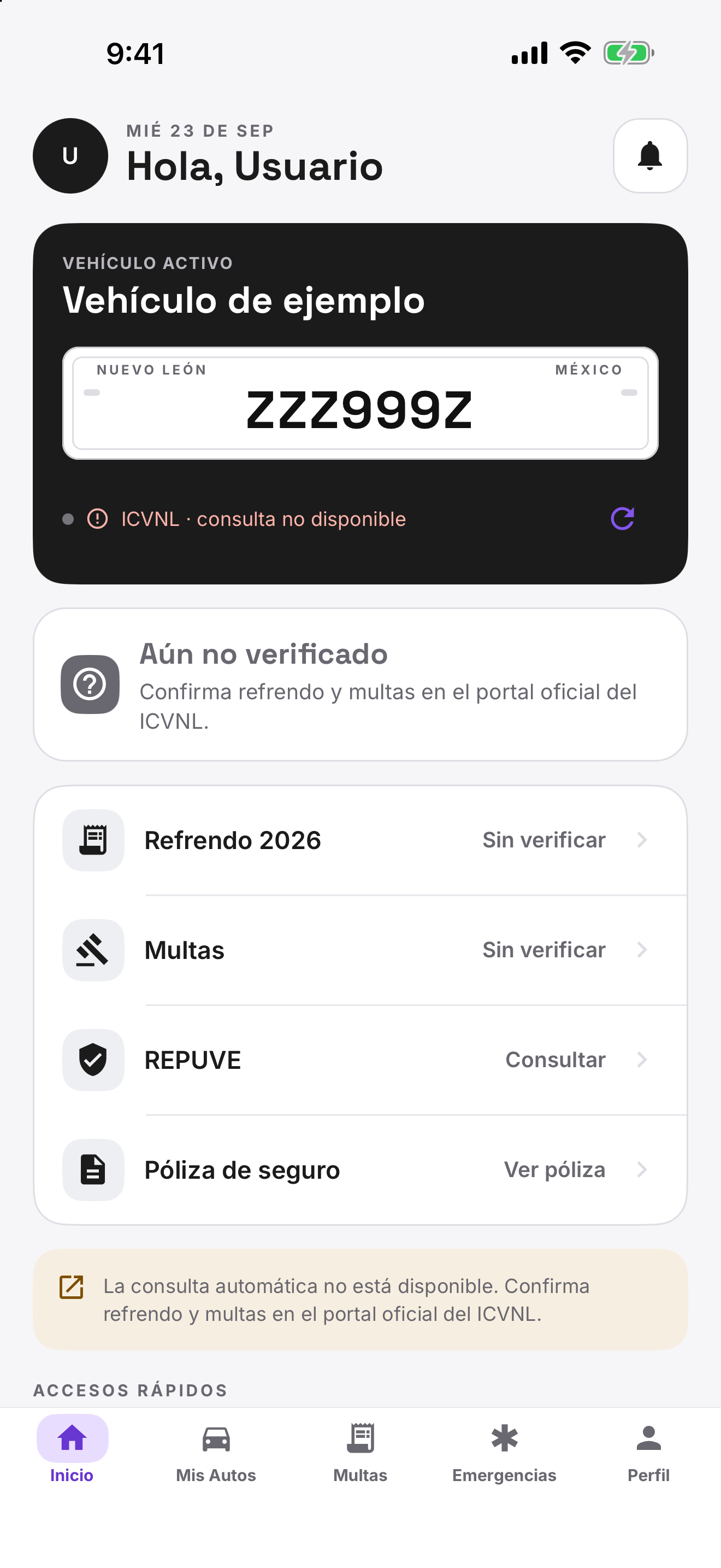 Pantalla de inicio de la app Regio Placas para iOS con un vehículo de demostración y el estado de ICVNL sin verificar