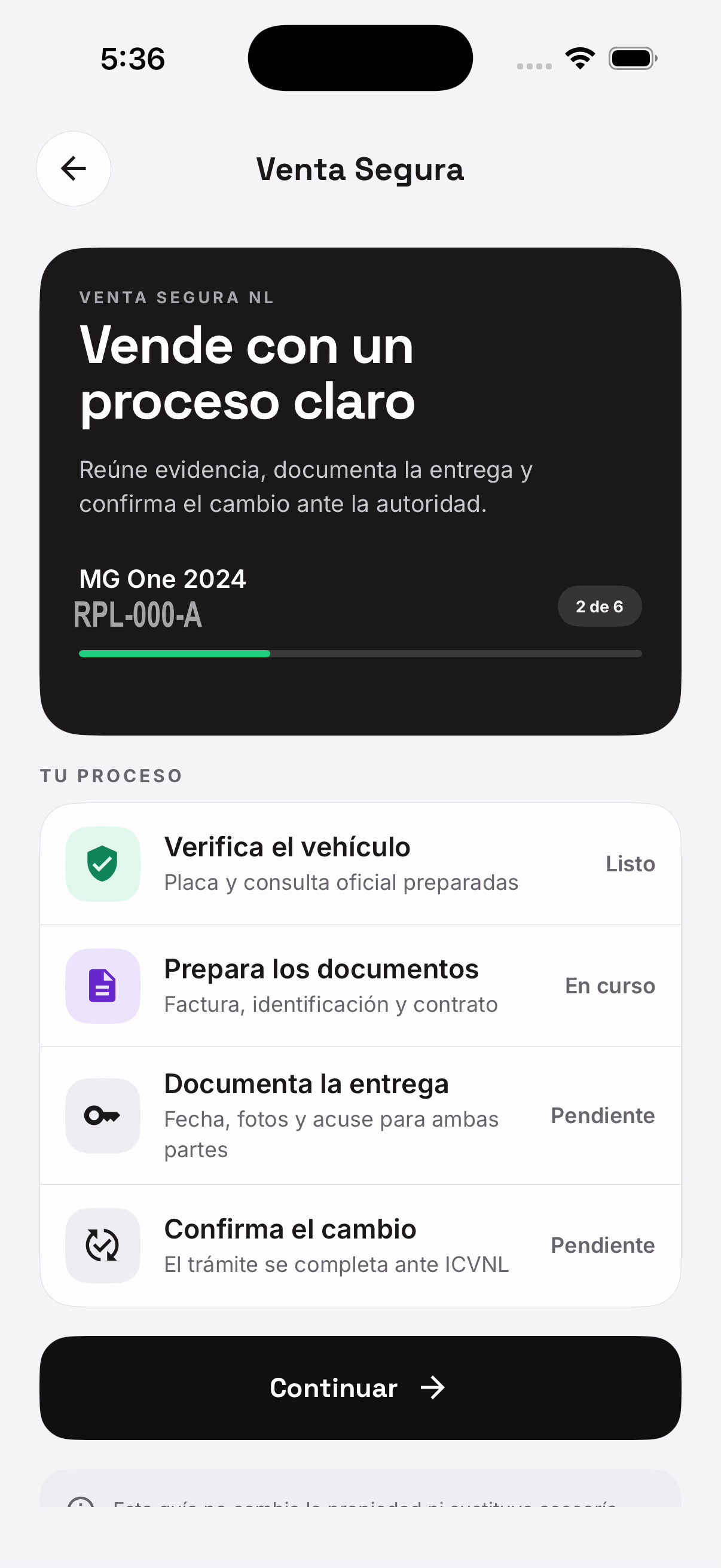 Pantalla real de Venta Segura para organizar un cambio de propietario